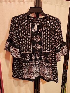 Black Patterned Peasant Blouse with Ruffle Sleeves